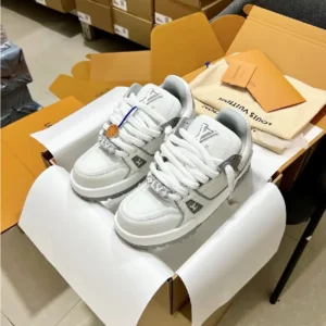 L*uis V*itton Men’s White and Grey Trainers - Image 7