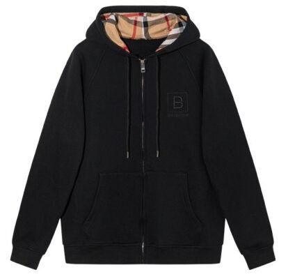 Burberry Zip Up Hoodie With Check Hood Black Archive Beige