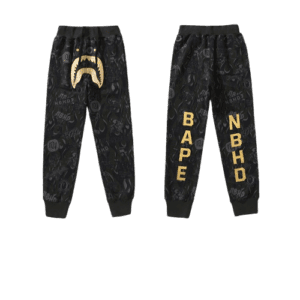 BAPE x NBHD joint style shark head black and gold trousers