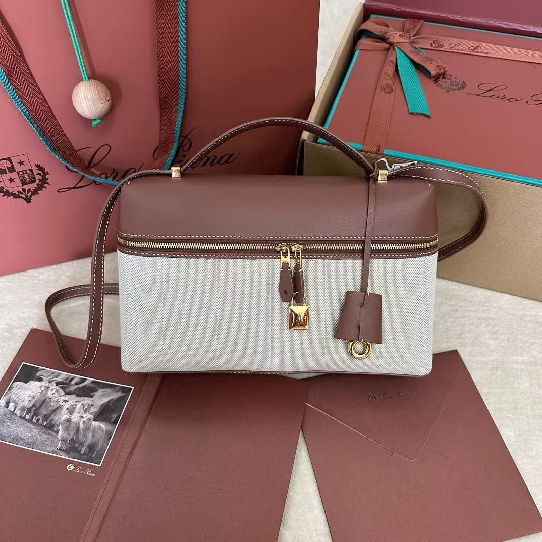 20250407070653174398081350240.jpg Loro Piana new counter wine red leather with canvas handbag crossbody ba Size: 27*1*10cm - Image 1