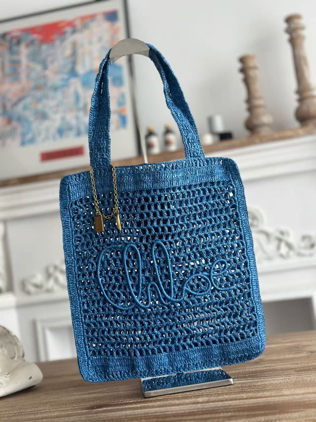 20250408040351174405623189980.jpg chloe spring and summer new SUMMER BANANA dopamine color blue pure handmade straw woven ba Size: 33 - Image 1