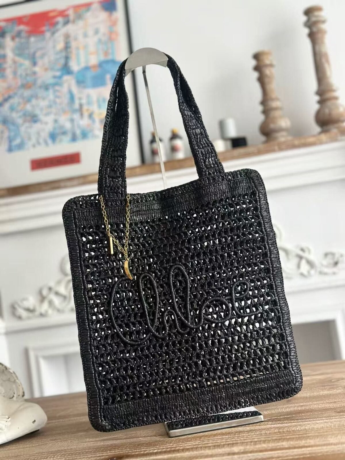 chloe spring and summer new SUMMER BANANA dopamine color black pure handmade straw woven ba Size: 3 - Image 1