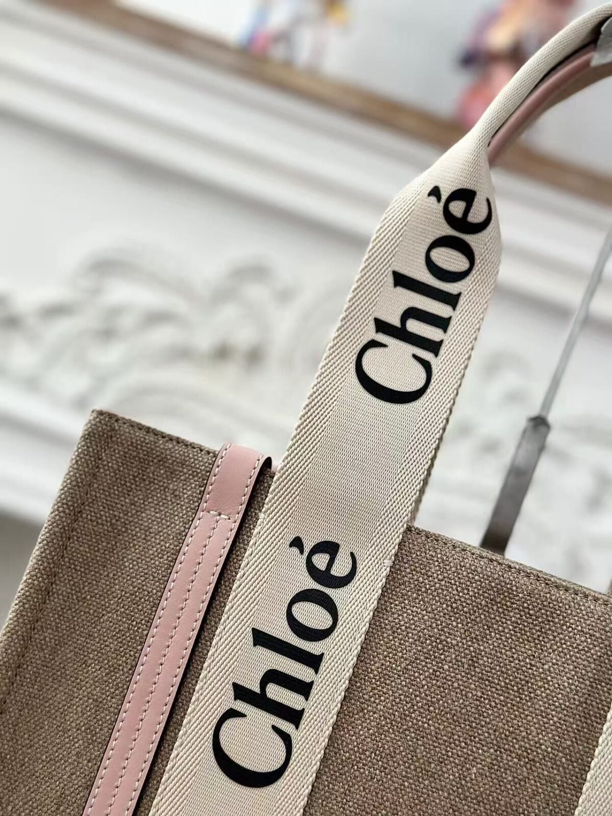Chloe Woody linen pure cotton canvas and glossy small dough, pink casual bag Mediu Size: 37*26*12cm - Image 6