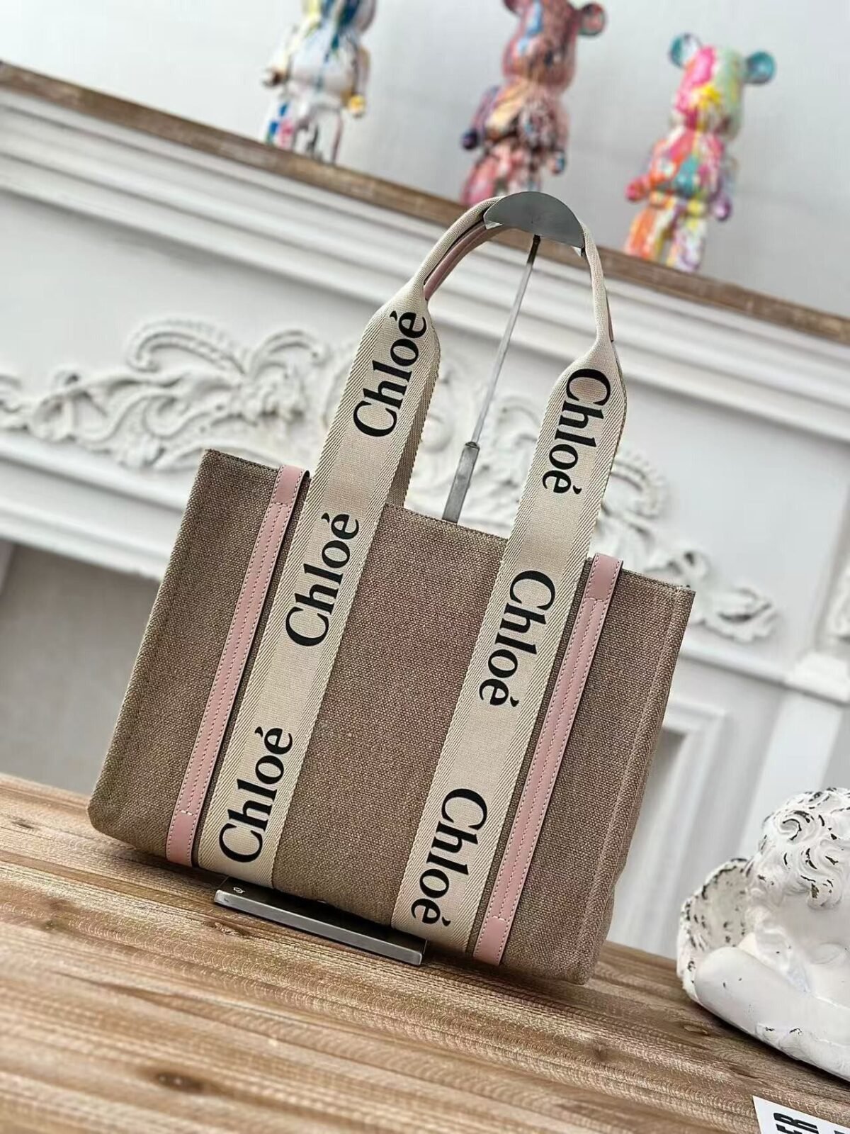 Chloe Woody linen pure cotton canvas and glossy small dough, pink casual bag Mediu Size: 37*26*12cm - Image 1