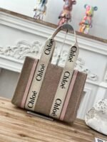 Chloe Woody linen pure cotton canvas and glossy small dough, pink casual bag Mediu Size: 37*26*12cm