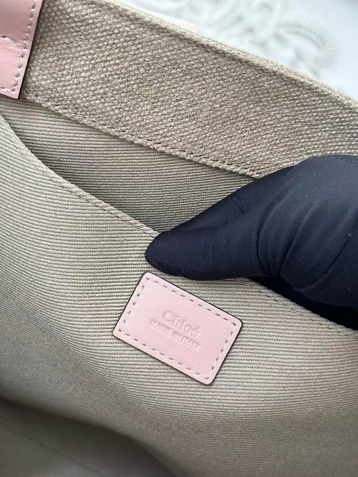 Chloe Woody linen pure cotton canvas and glossy small dough, pink casual bag Mediu Size: 37*26*12cm - Image 9