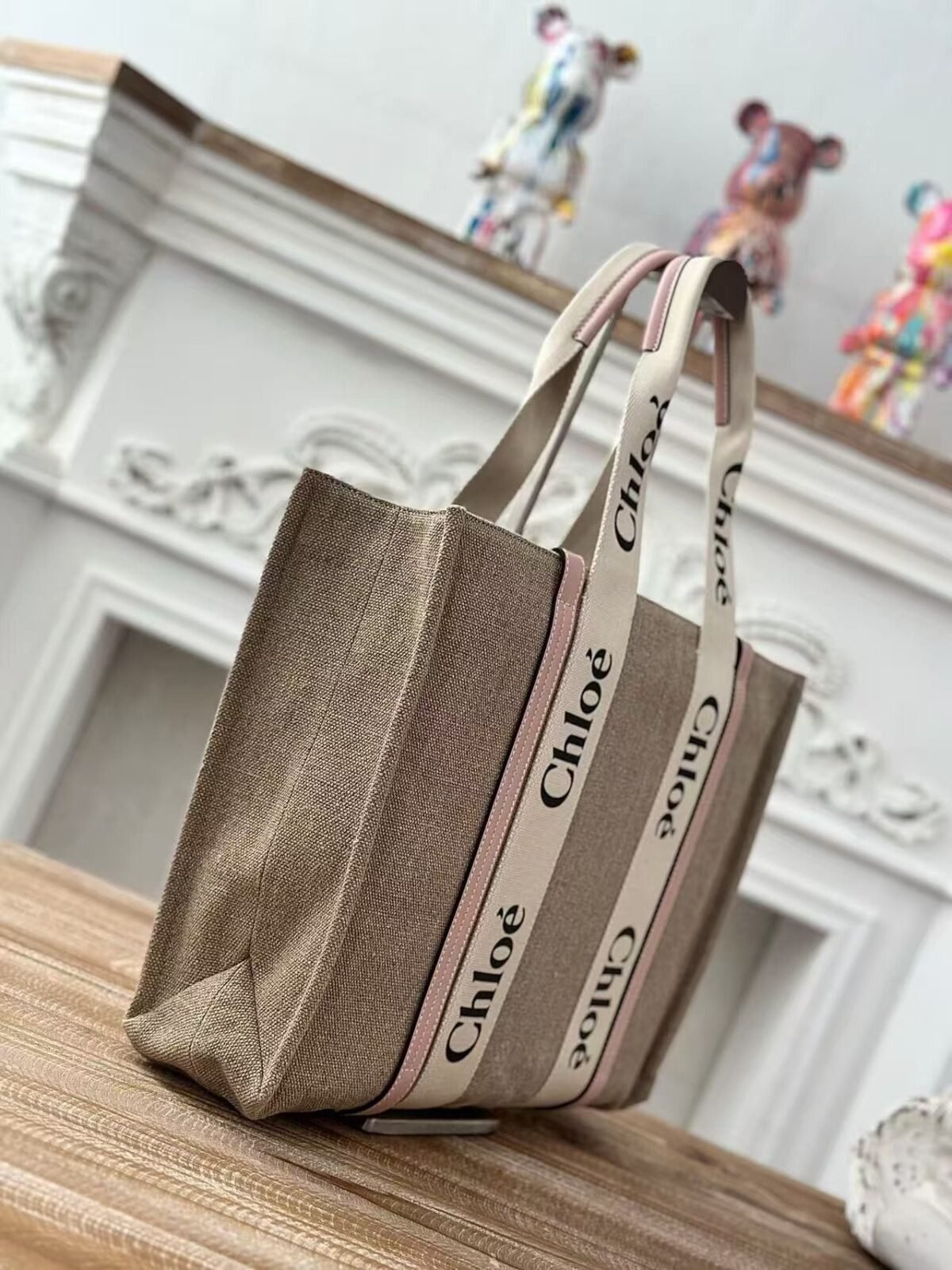 Chloe Woody linen pure cotton canvas and glossy small dough, pink casual bag Larg Size: 45*33*13cm - Image 3