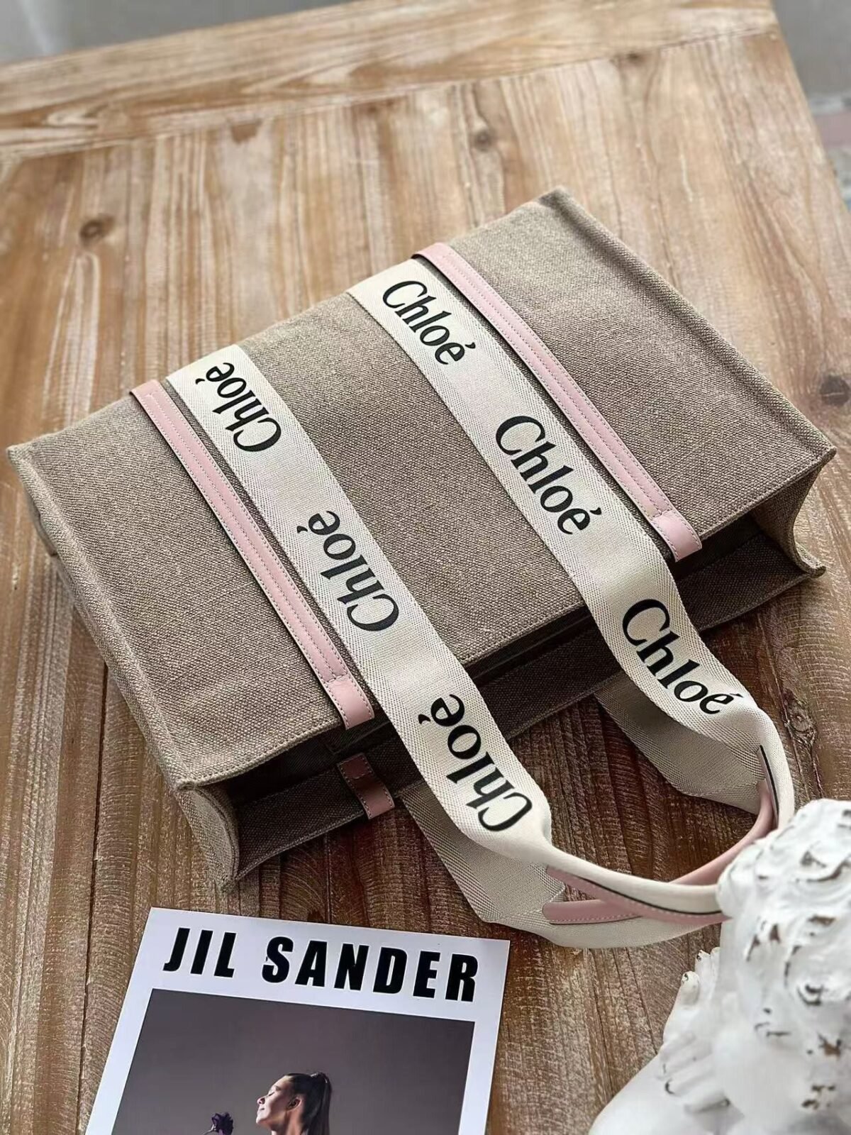 Chloe Woody linen pure cotton canvas and glossy small dough, pink casual bag Larg Size: 45*33*13cm - Image 2