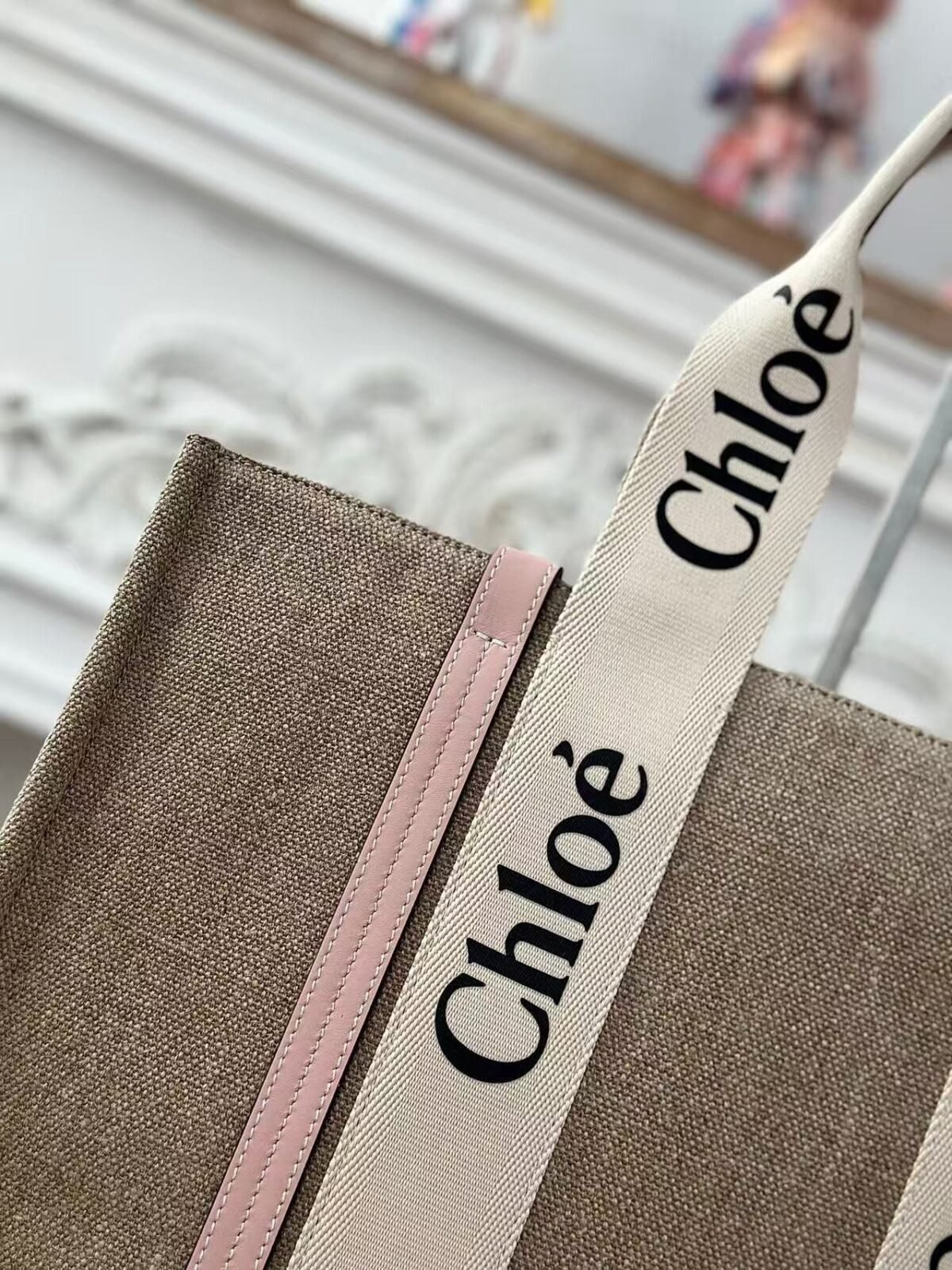 Chloe Woody linen pure cotton canvas and glossy small dough, pink casual bag Larg Size: 45*33*13cm - Image 7