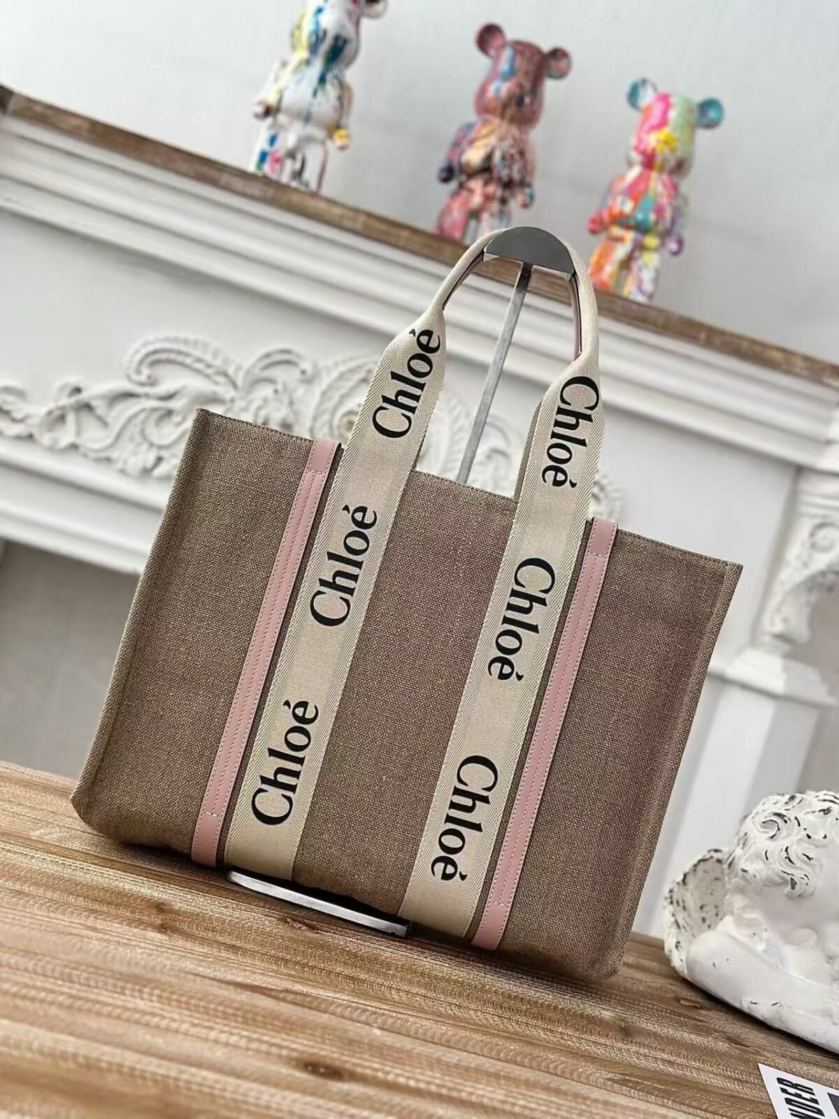 Chloe Woody linen pure cotton canvas and glossy small dough, pink casual bag Larg Size: 45*33*13cm - Image 1