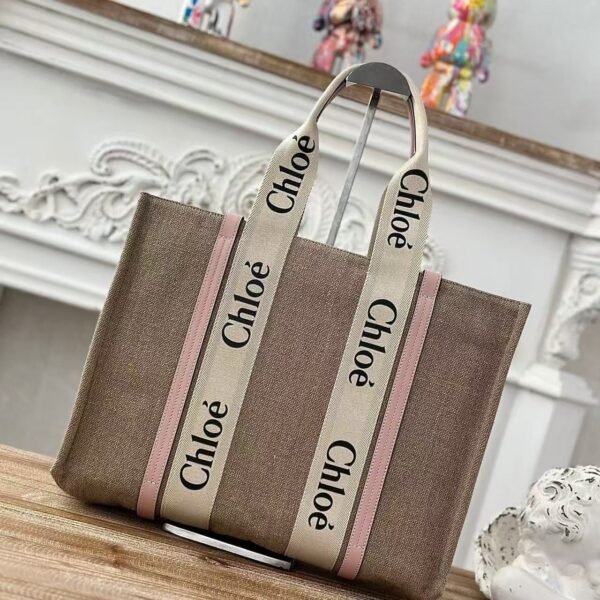 Chloe Woody linen pure cotton canvas and glossy small dough, pink casual bag Larg Size: 45*33*13cm
