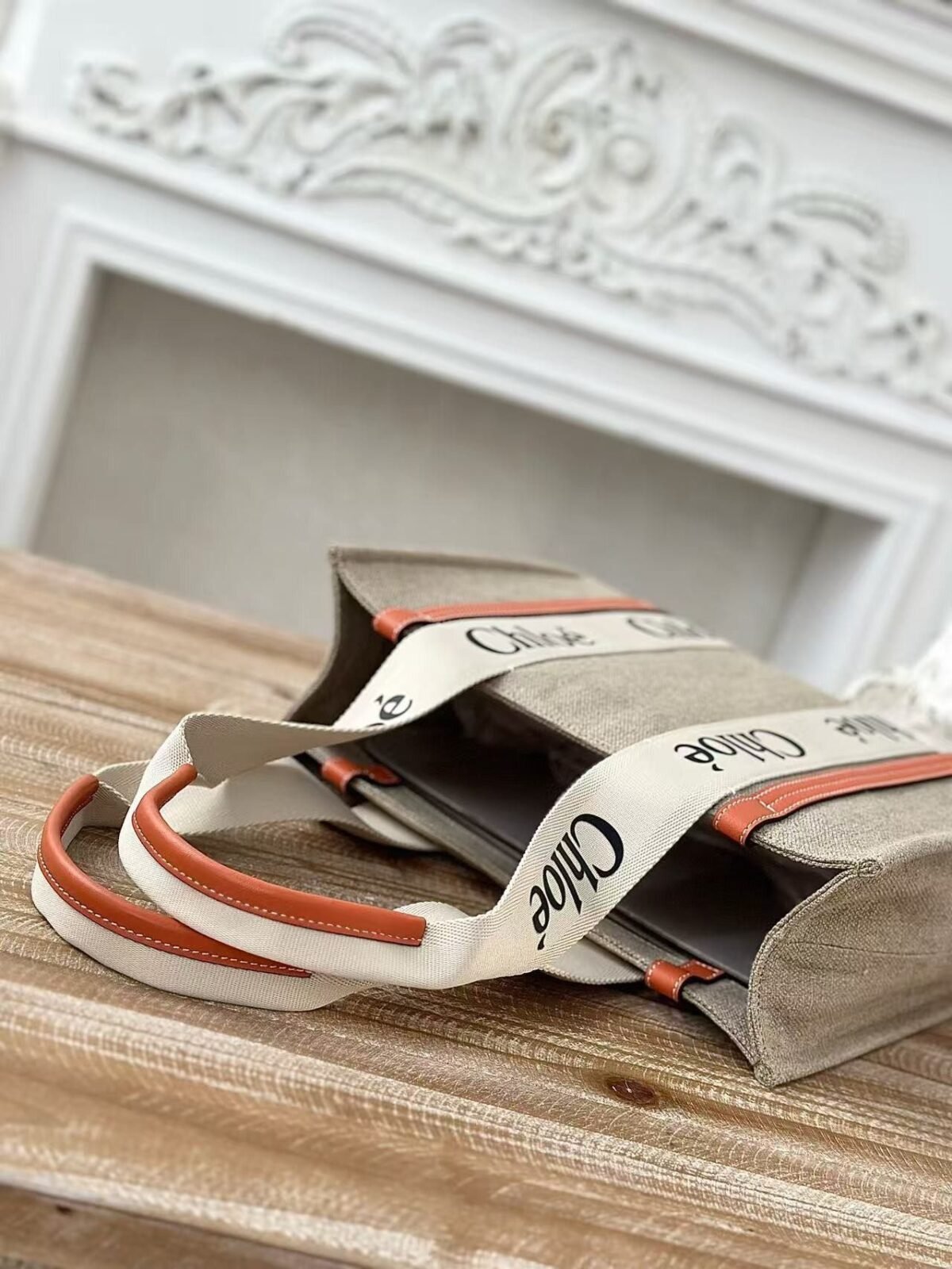 Chloe Woody linen pure cotton canvas and glossy small dough, orange casual bag Mediu Size: 37*26*12 - Image 6
