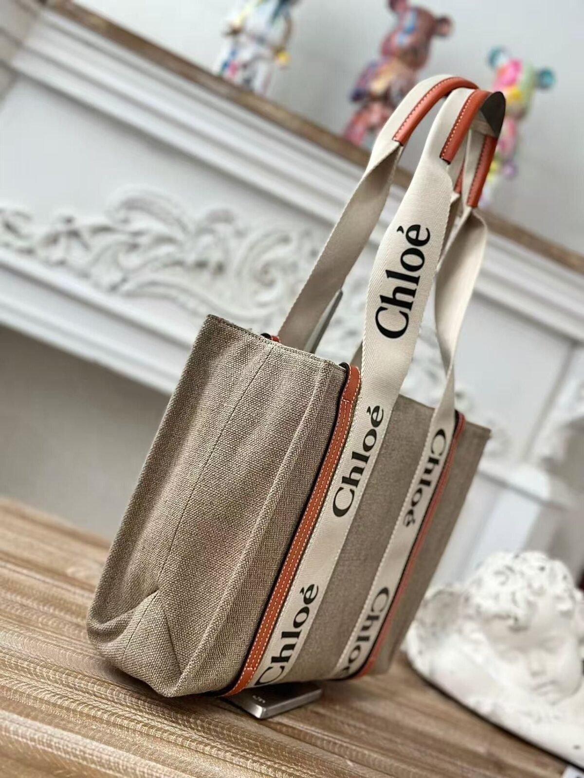 Chloe Woody linen pure cotton canvas and glossy small dough, orange casual bag Mediu Size: 37*26*12 - Image 3