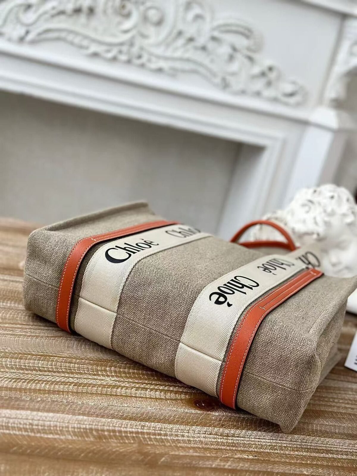 Chloe Woody linen pure cotton canvas and glossy small dough, orange casual bag Mediu Size: 37*26*12 - Image 4
