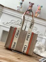 Chloe Woody linen pure cotton canvas and glossy small dough, orange casual bag Mediu Size: 37*26*12