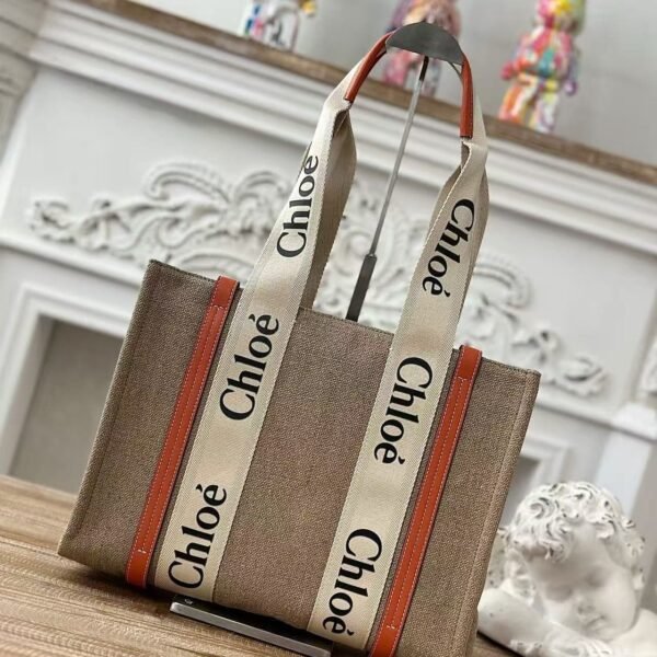 Chloe Woody linen pure cotton canvas and glossy small dough, orange casual bag Mediu Size: 37*26*12