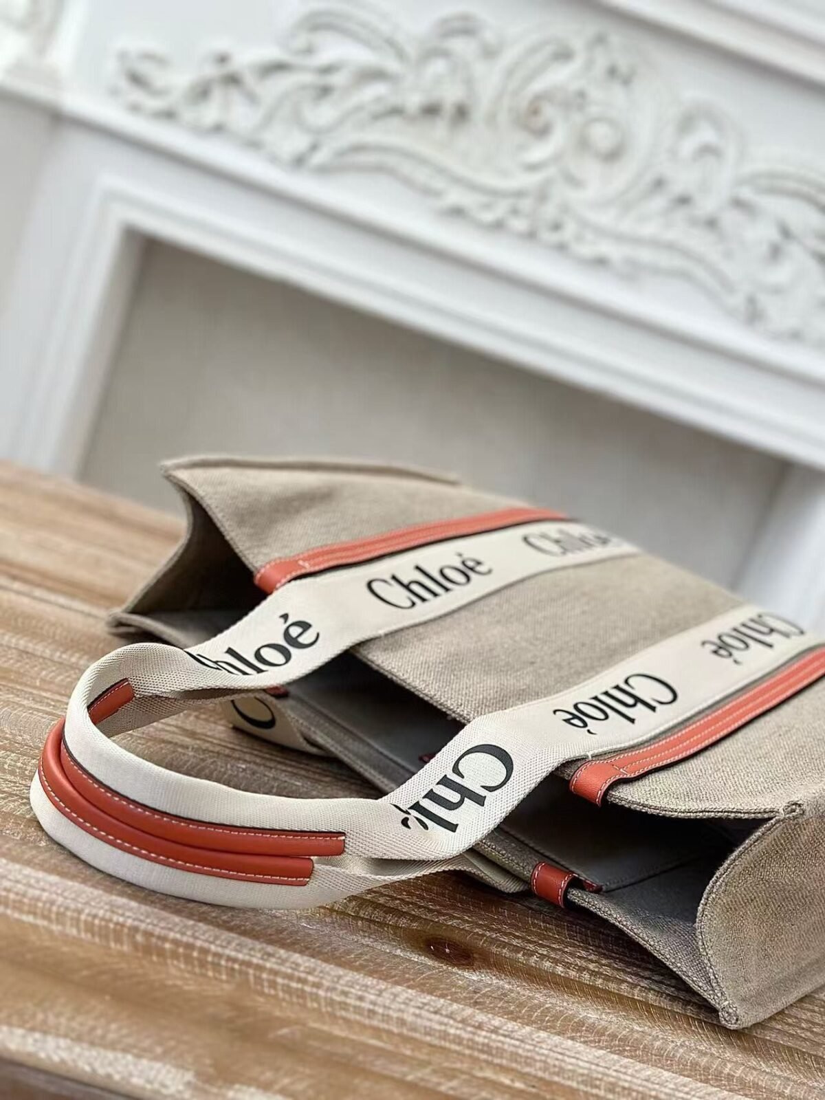 Chloe Woody linen pure cotton canvas and glossy small dough, orange casual bag Larg Size: 45*33*13c - Image 6