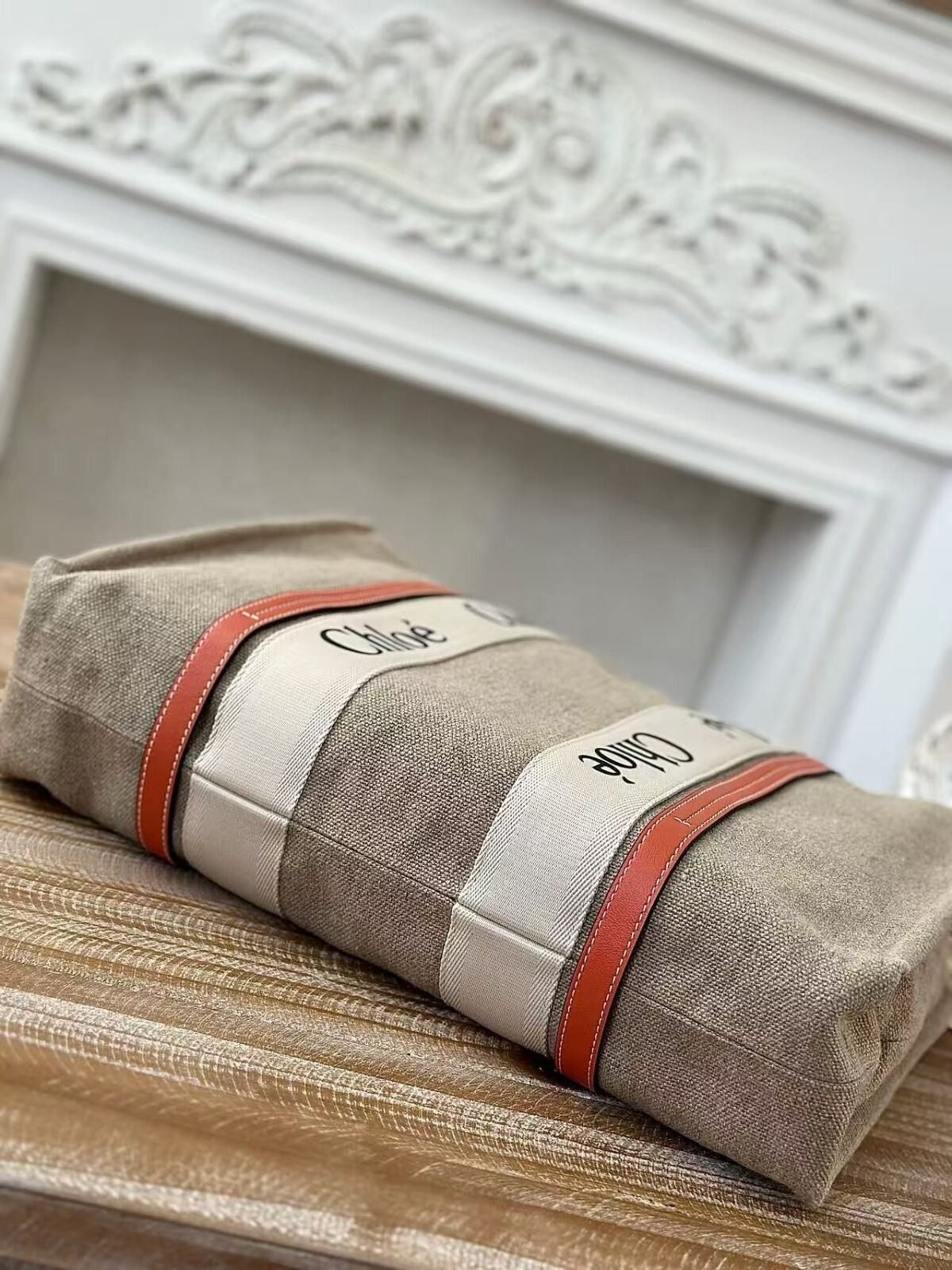 Chloe Woody linen pure cotton canvas and glossy small dough, orange casual bag Larg Size: 45*33*13c - Image 4