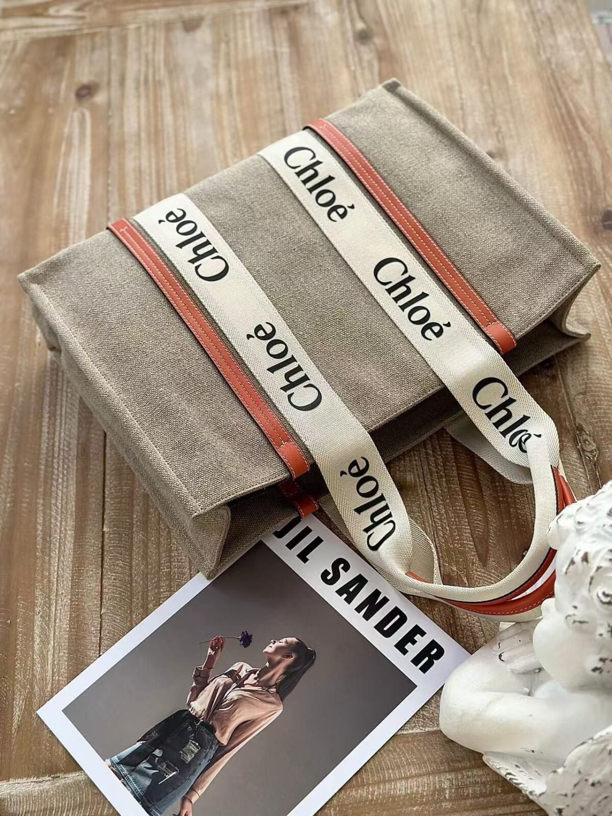 Chloe Woody linen pure cotton canvas and glossy small dough, orange casual bag Larg Size: 45*33*13c - Image 2