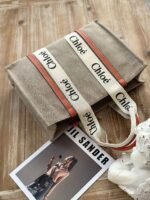 Chloe Woody linen pure cotton canvas and glossy small dough, orange casual bag Larg Size: 45*33*13c - Image 2