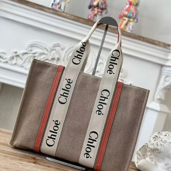 Chloe Woody linen pure cotton canvas and glossy small dough, orange casual bag Larg Size: 45*33*13c