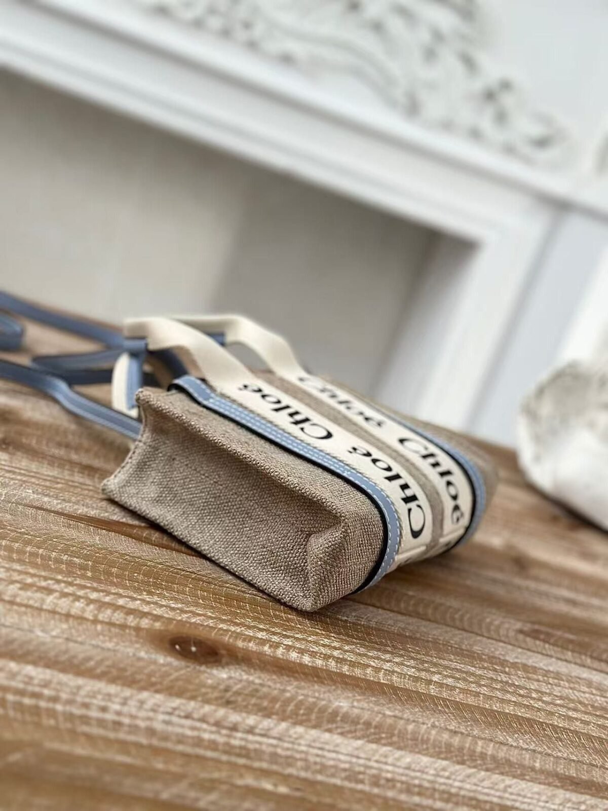 Chloe Woody linen pure cotton canvas and glossy small dough, blue casual bag mini: 20*14*6cm - Image 4