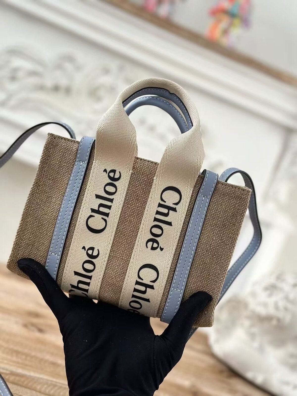 Chloe Woody linen pure cotton canvas and glossy small dough, blue casual bag mini: 20*14*6cm - Image 2