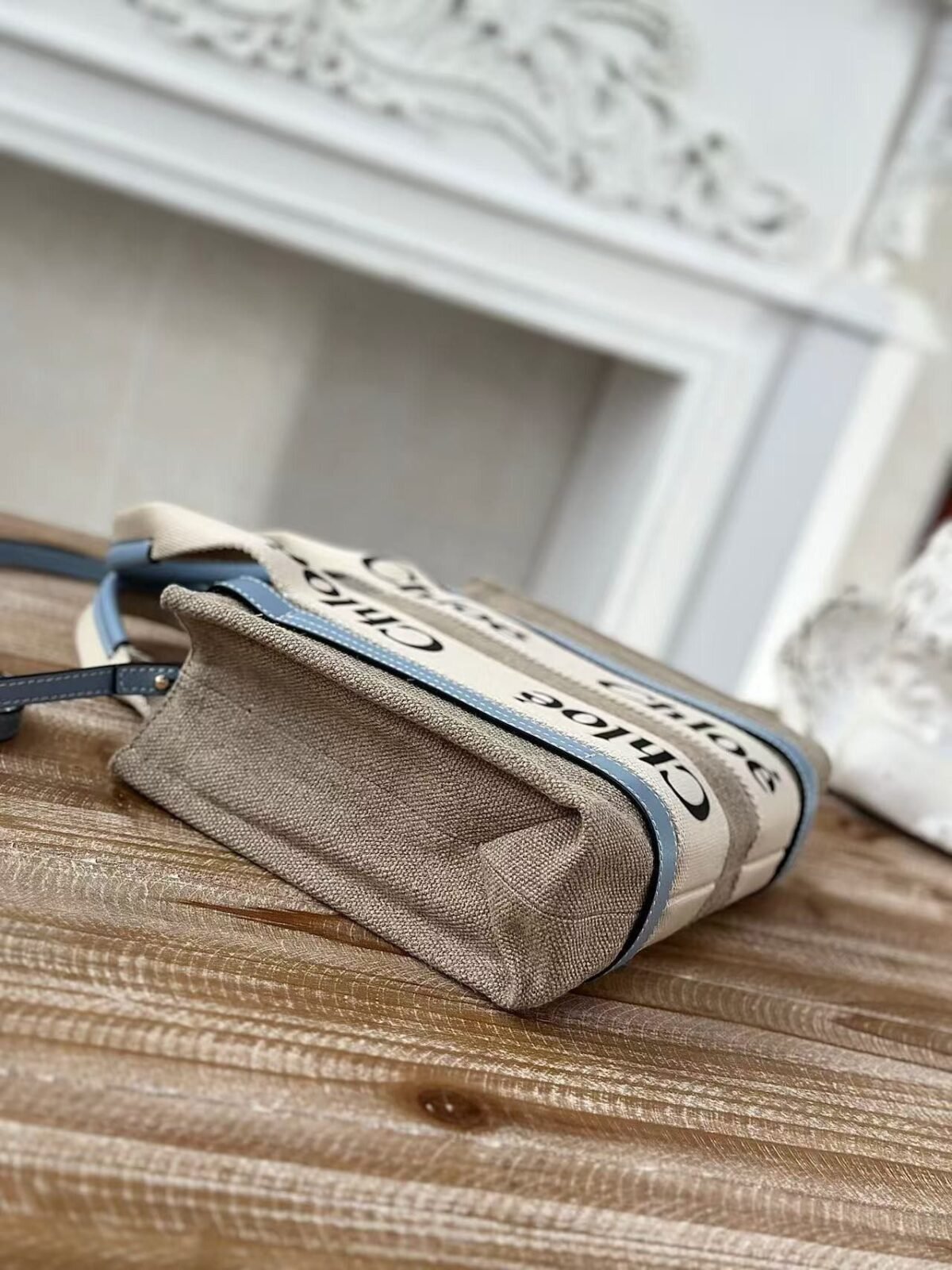 Chloe Woody linen pure cotton canvas and glossy crust, blue casual bag Small: 26.5*20*8cm - Image 3