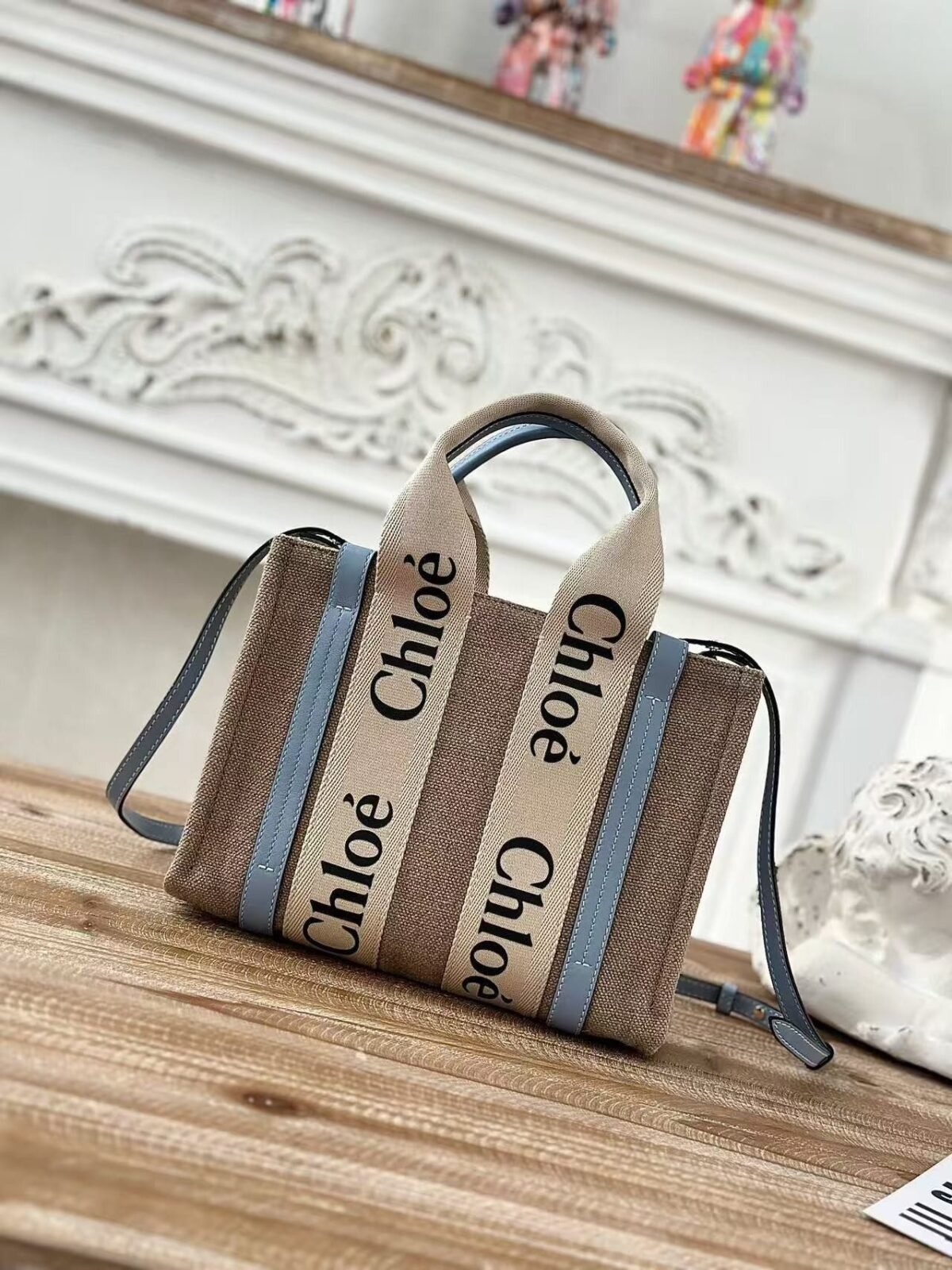 Chloe Woody linen pure cotton canvas and glossy crust, blue casual bag Small: 26.5*20*8cm - Image 1