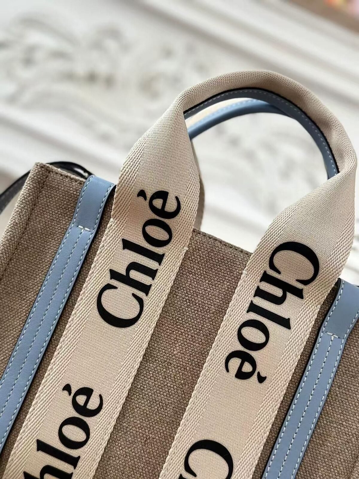Chloe Woody linen pure cotton canvas and glossy crust, blue casual bag Small: 26.5*20*8cm - Image 6