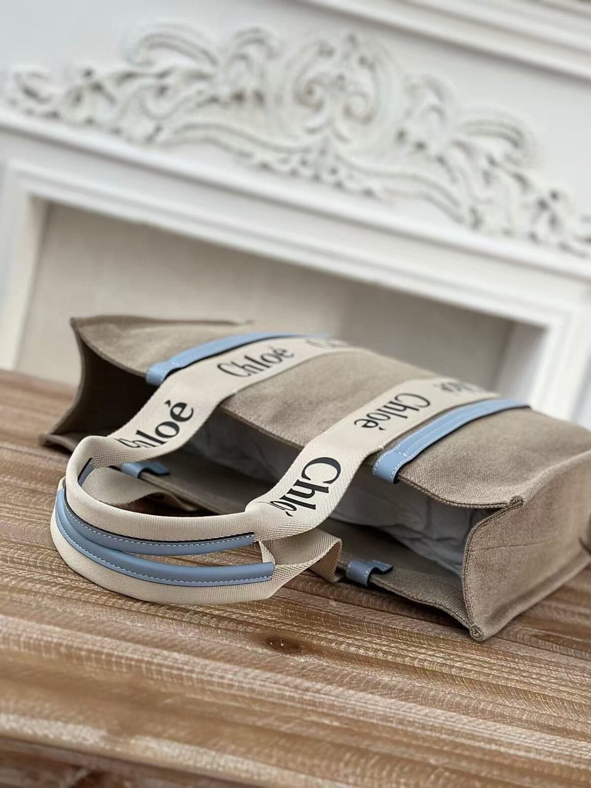 Chloe Woody linen pure cotton canvas and glossy small dough, blue casual bag Mediu Size: 37*26*12cm - Image 6