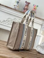 Chloe Woody linen pure cotton canvas and glossy small dough, blue casual bag Mediu Size: 37*26*12cm - Image 3