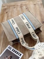 Chloe Woody linen pure cotton canvas and glossy small dough, blue casual bag Mediu Size: 37*26*12cm - Image 2
