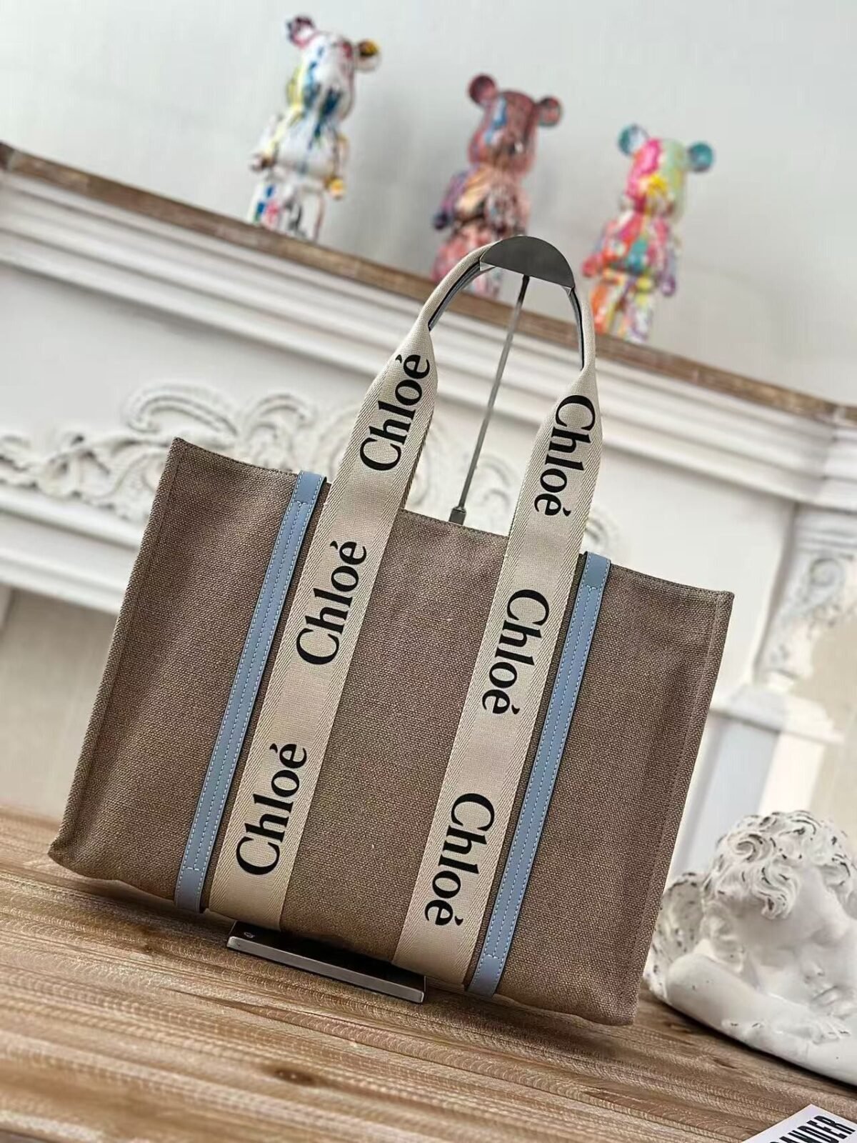 Chloe Woody linen pure cotton canvas and glossy small dough, blue casual bag Mediu Size: 37*26*12cm - Image 1