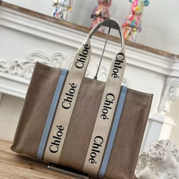 Chloe Woody linen pure cotton canvas and glossy small dough, blue casual bag Mediu Size: 37*26*12cm