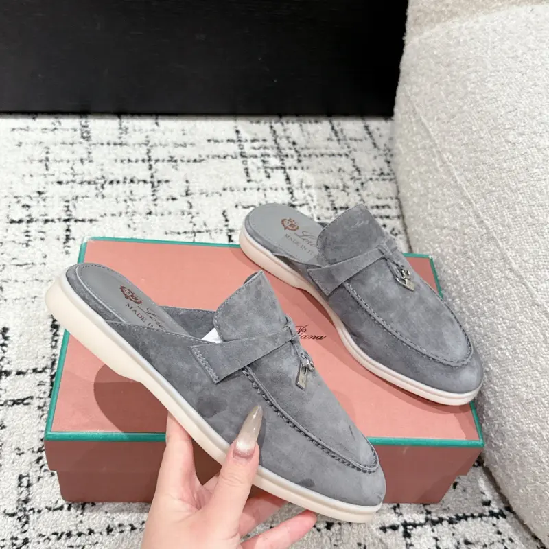 3B38FBE1-4666-4AFC-A0B4-050BD572D9CE Loro Piana Dark Grey Suede Nautical Charms Walk Babouche Loafers - Image 1