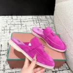 Loro Piana Rose red Suede Nautical Charms Walk Babouche Loafers