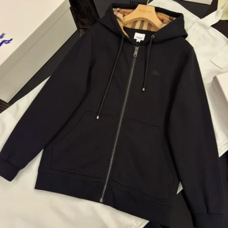 B*rberry Zip Up Hoodie With Check Hood Black Archive Beige