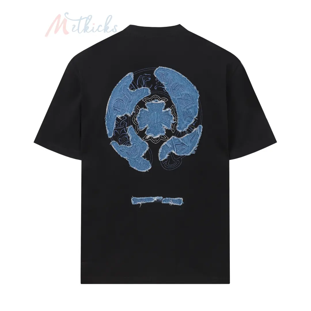 IMG_3728 2 Chrome Hearts Denim Patchwork Design Short-Sleeve T-Shirt Black/White - Image 1