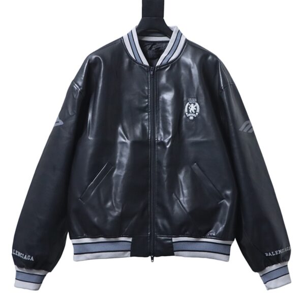 Balenciaga BLCG 26SS 3M Embroidered Grey Manchester United Baseball Flight Leather Jacket