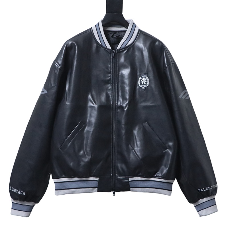 Balenciaga BLCG 26SS 3M Embroidered Grey Manchester United Baseball Flight Leather Jacket - Image 1